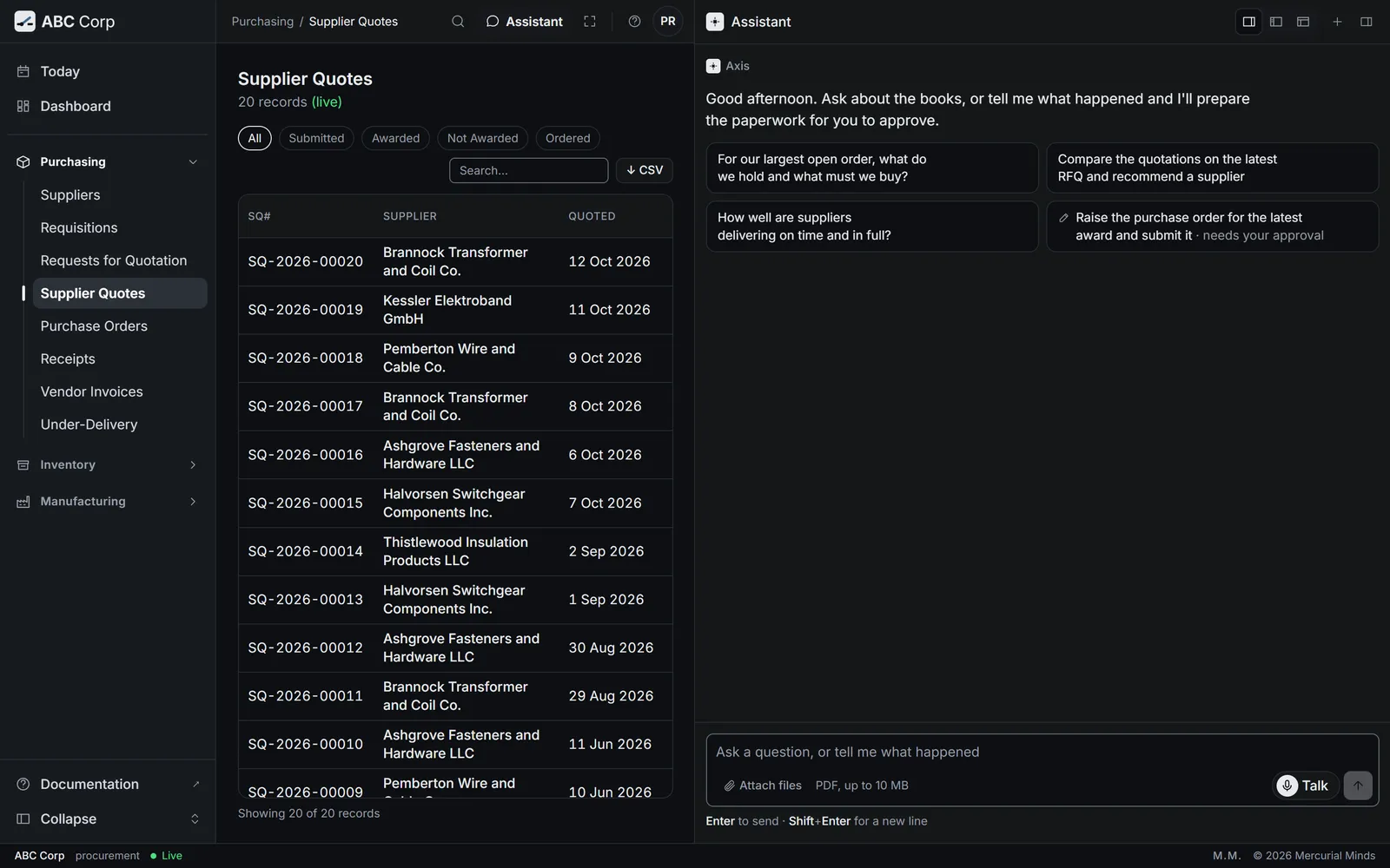 Dashboard: the three-pane shell, sidebar expanded, assistant docked open, a list in the centre
