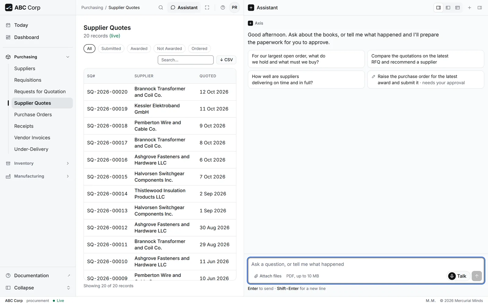 Dashboard: the three-pane shell, sidebar expanded, assistant docked open, a list in the centre