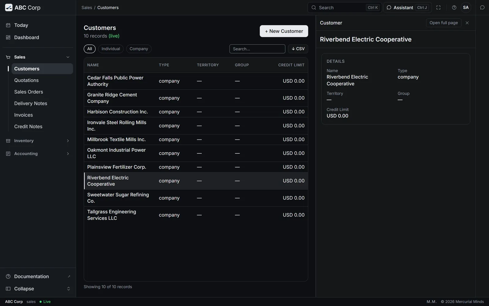 Customers list with the record panel open on Riverbend Electric Cooperative