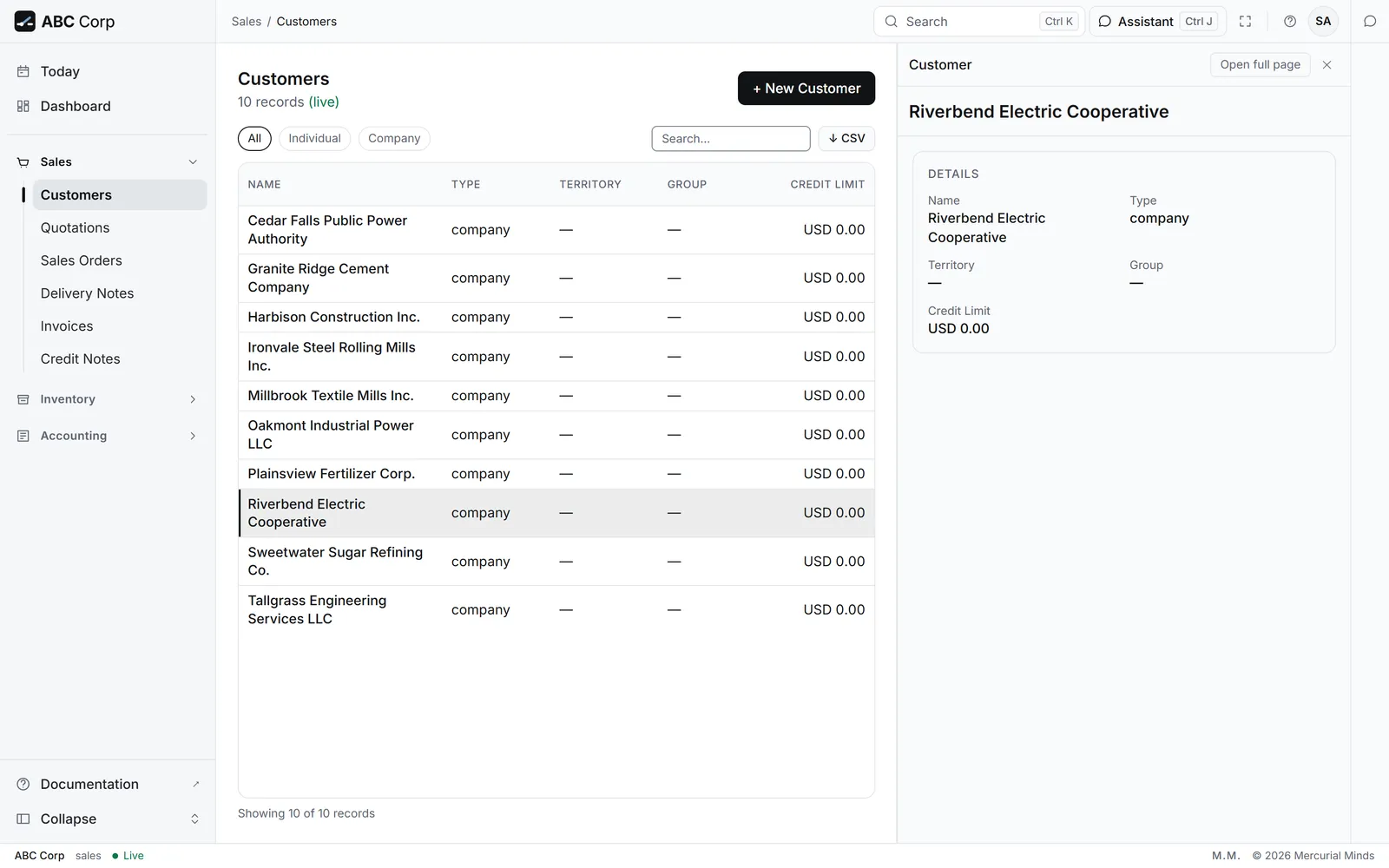 Customers list with the record panel open on Riverbend Electric Cooperative