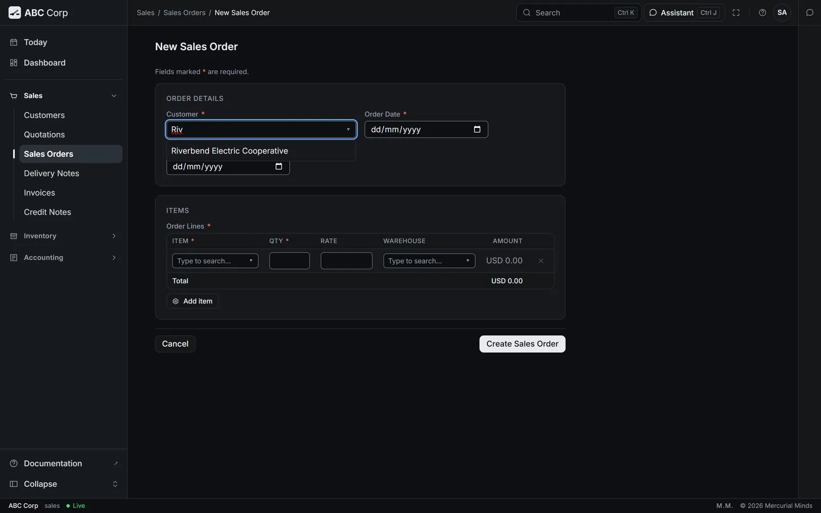 Lookup picker open on a Customer field, 'Riv' typed, Riverbend highlighted