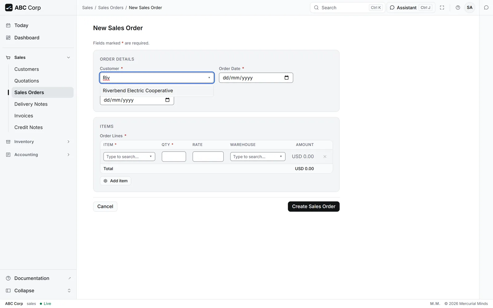Lookup picker open on a Customer field, 'Riv' typed, Riverbend highlighted