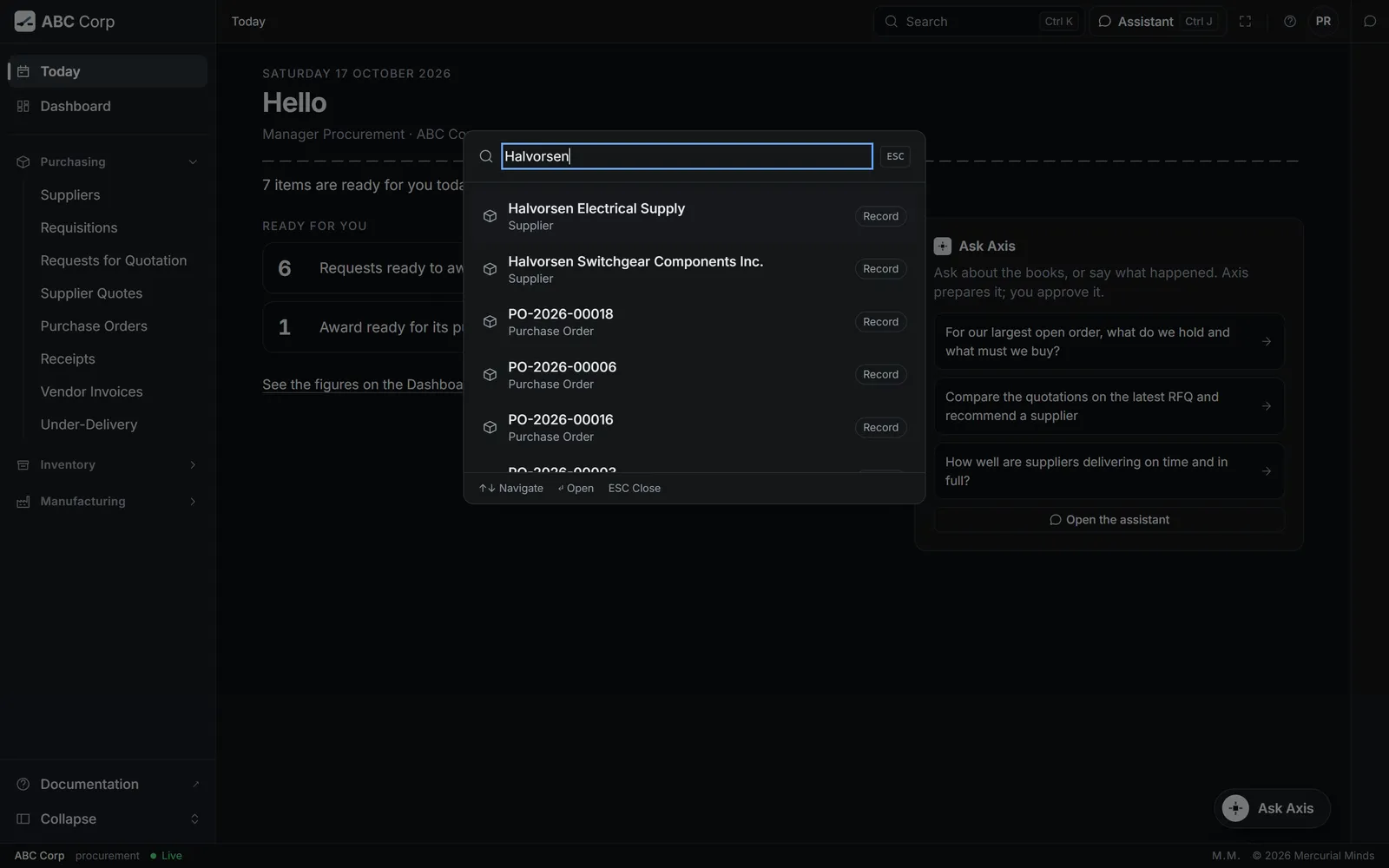 The command palette open, with a search typed