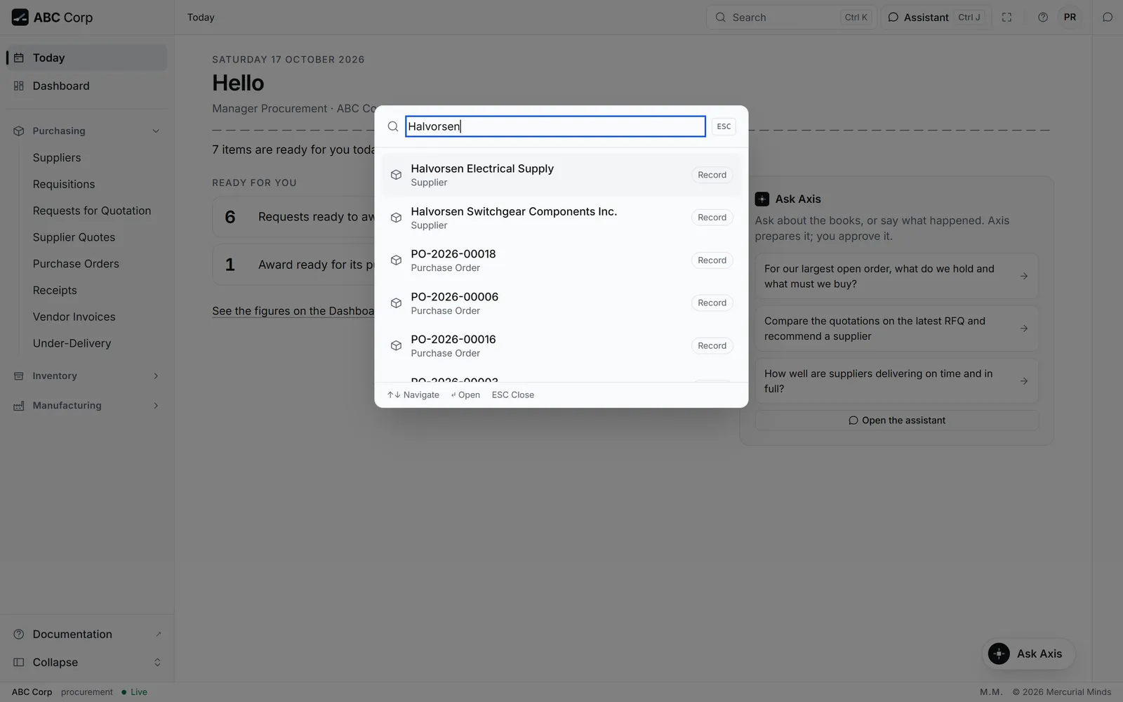 The command palette open, with a search typed