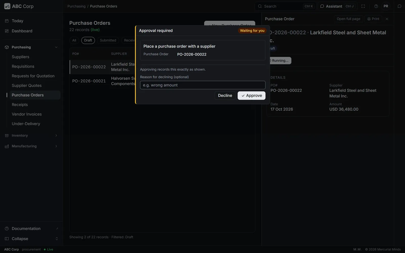 The approval dialog over a screen, outside the chat, every parameter shown