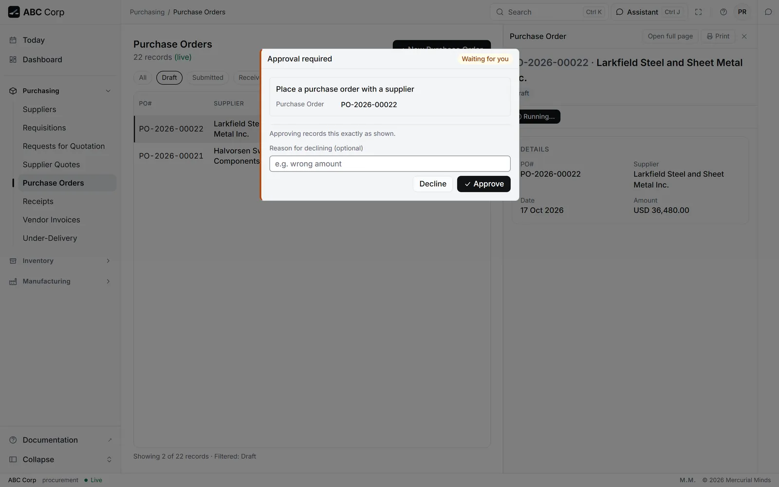 The approval dialog over a screen, outside the chat, every parameter shown