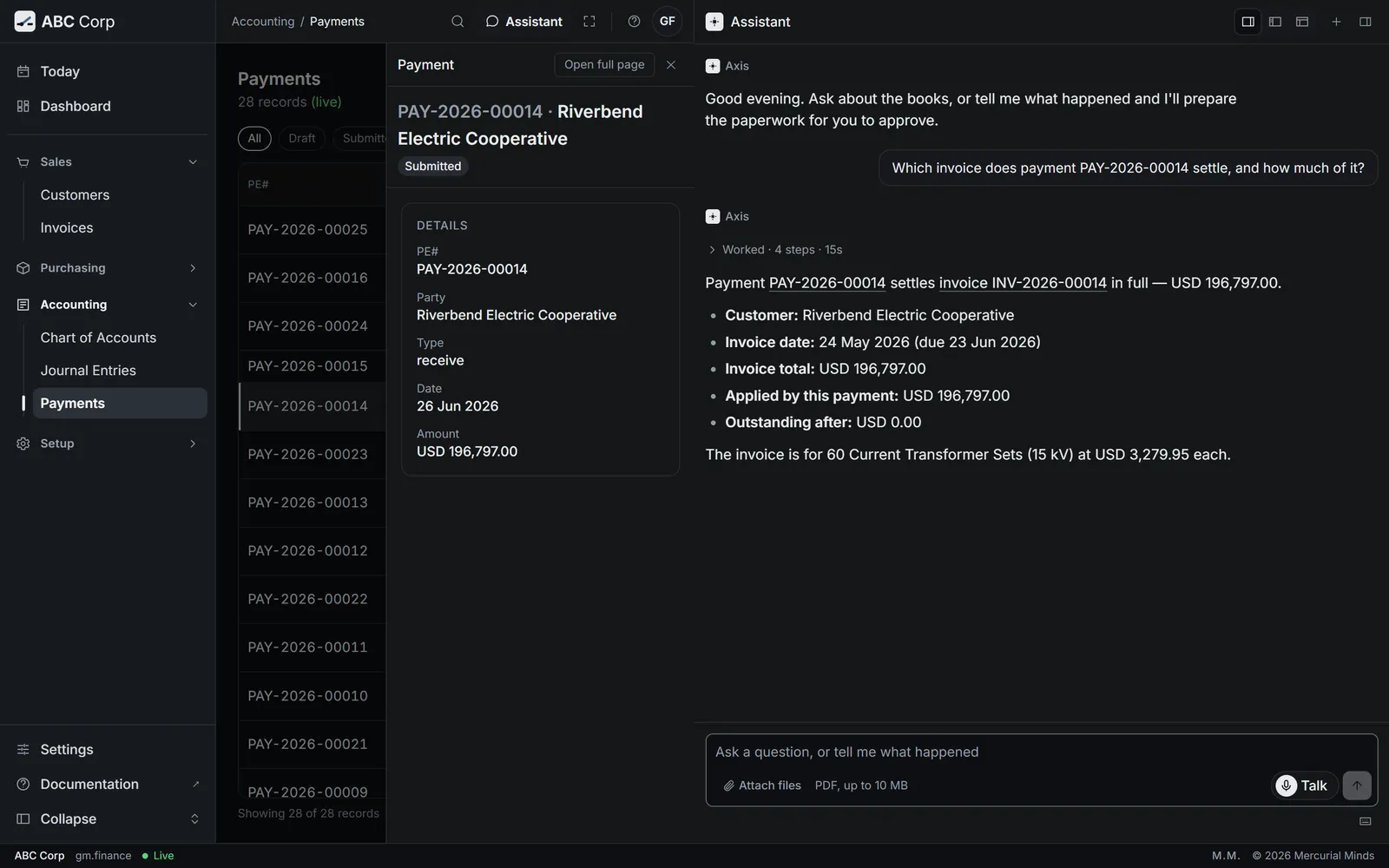 Payment PAY-2026-00014 open beside the assistant, which names the invoice it settles in full