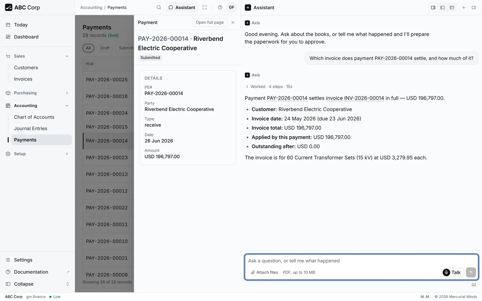 Payment PAY-2026-00014 open beside the assistant, which names the invoice it settles in full
