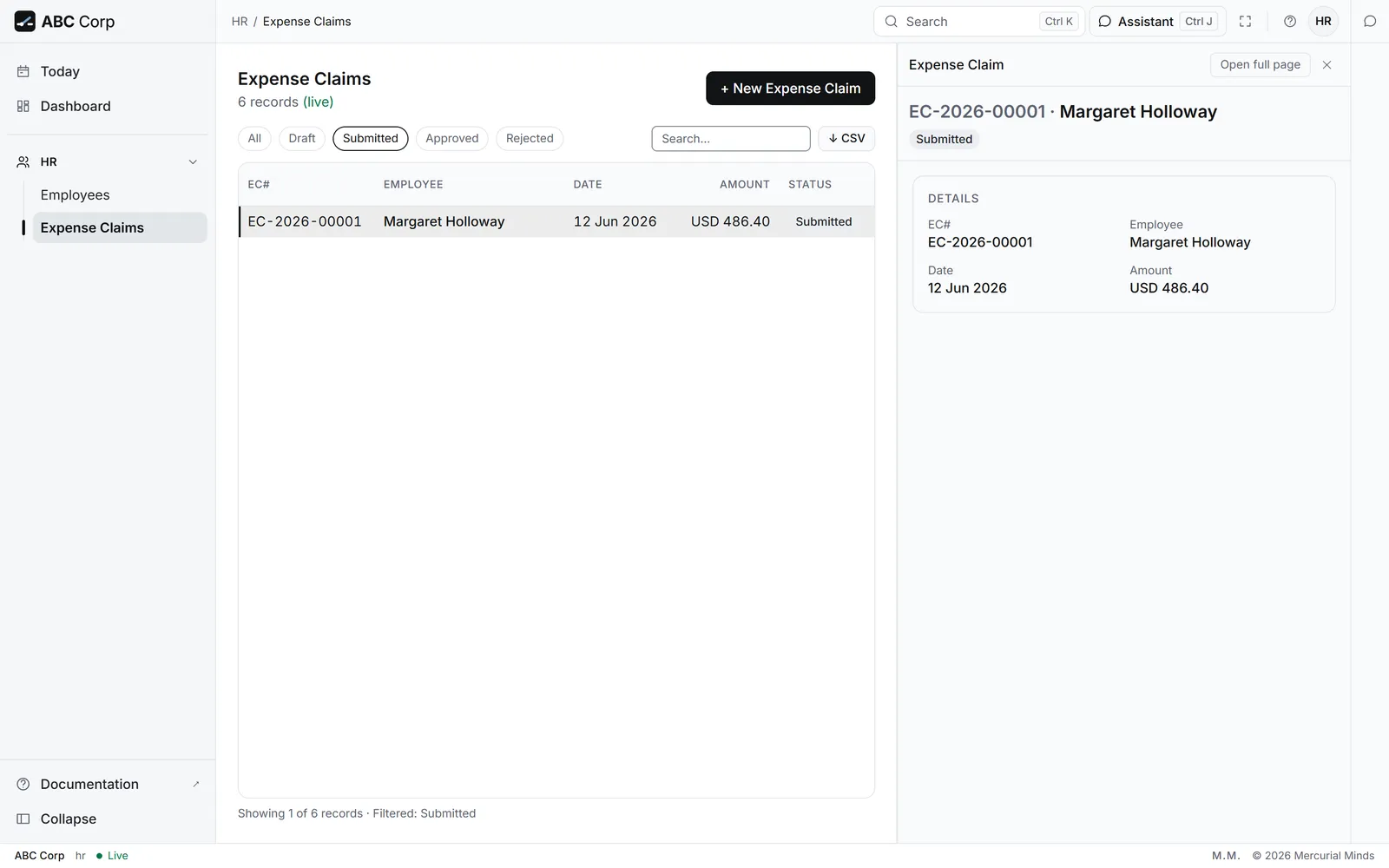 An expense claim awaiting approval, on the Manager Admin HR's seat