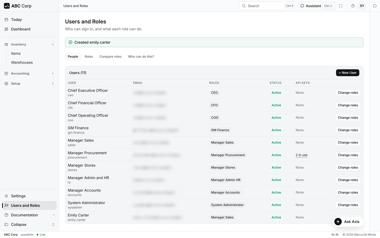 Users and Roles, a new user with a role assigned