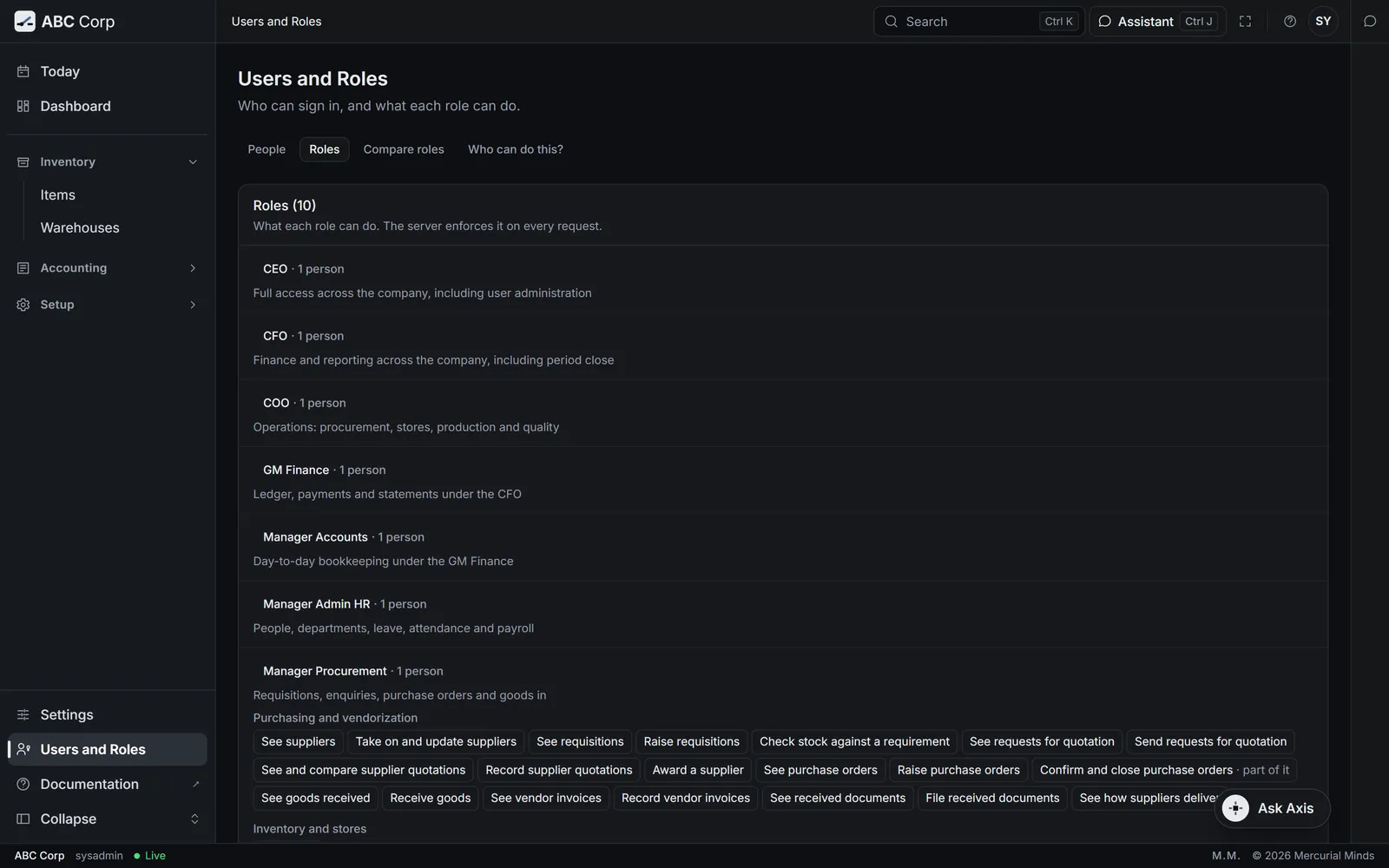 The Manager Procurement role opened on the Roles tab, its capabilities by area