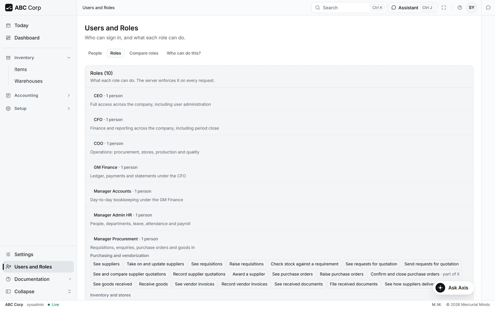 The Manager Procurement role opened on the Roles tab, its capabilities by area