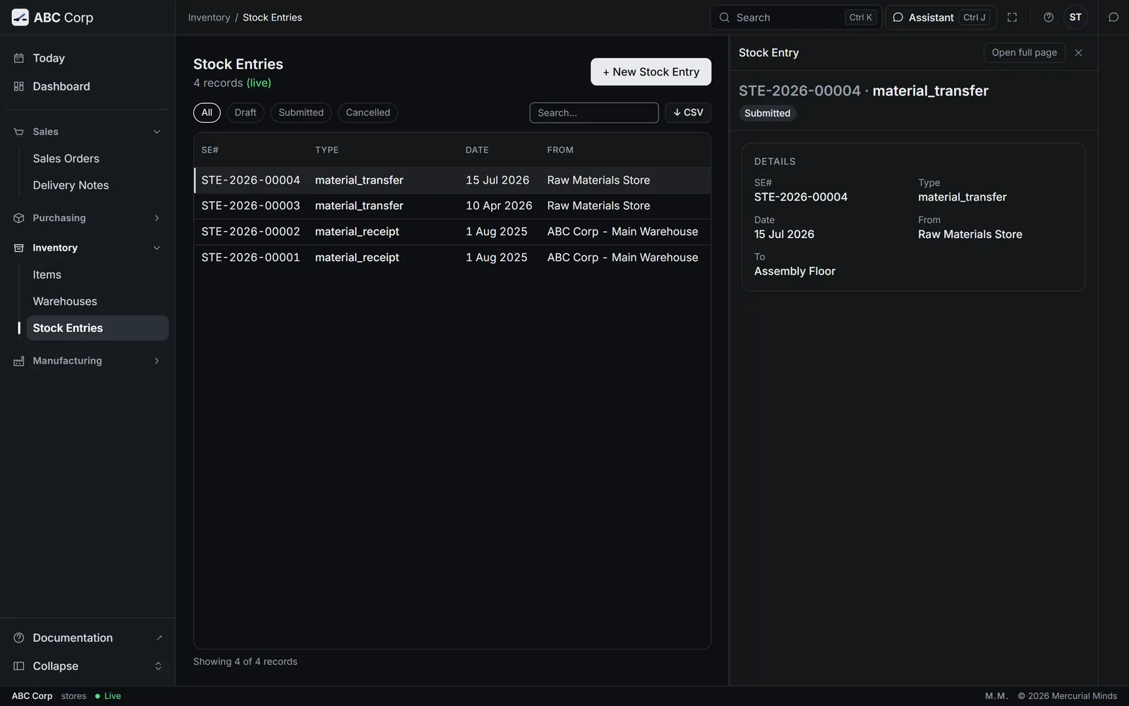 A stock transfer between stores
