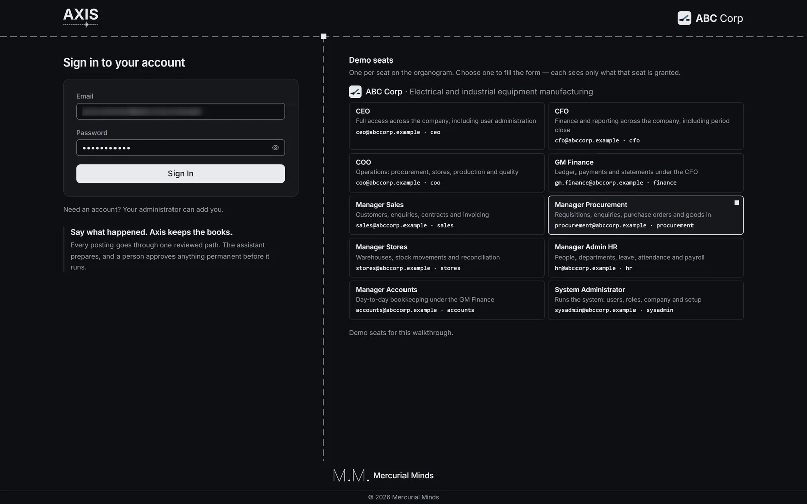 Sign-in screen with the Manager Procurement seat chosen (email blurred)