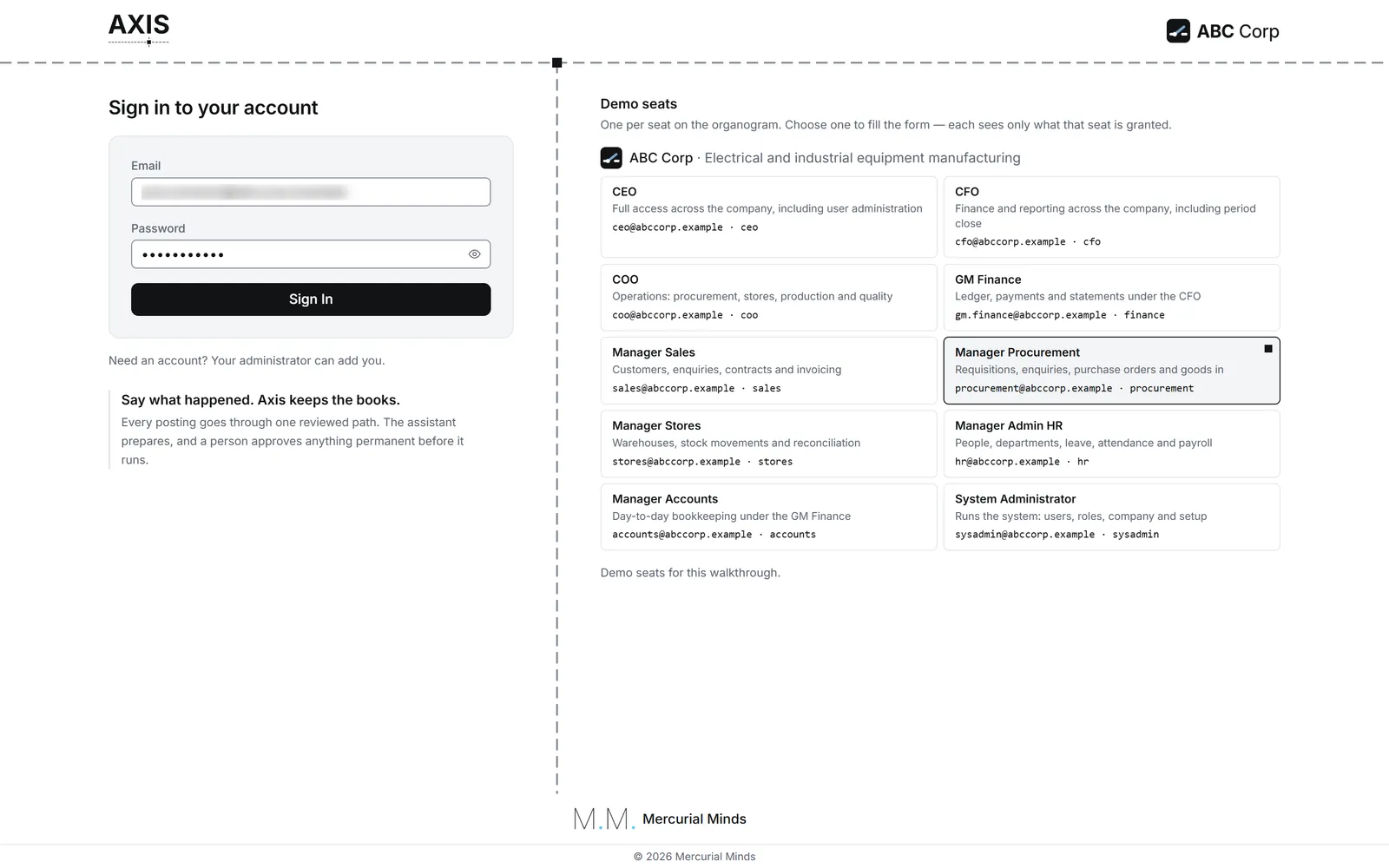 Sign-in screen with the Manager Procurement seat chosen (email blurred)