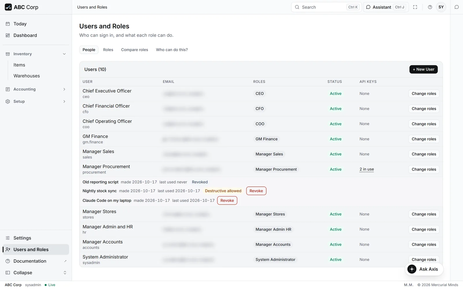 A person's API keys in Users and Roles, each with a Revoke button