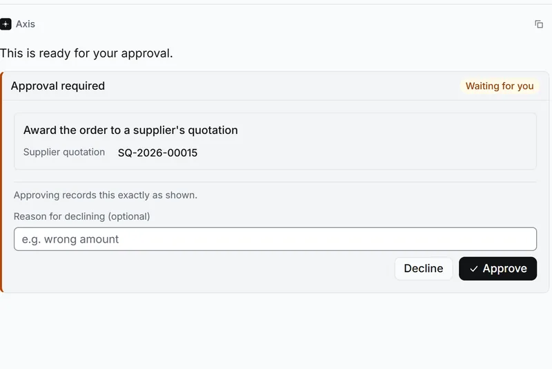 An approval card for the award to Halvorsen, marked Awaiting your decision, with Approve and Decline buttons.