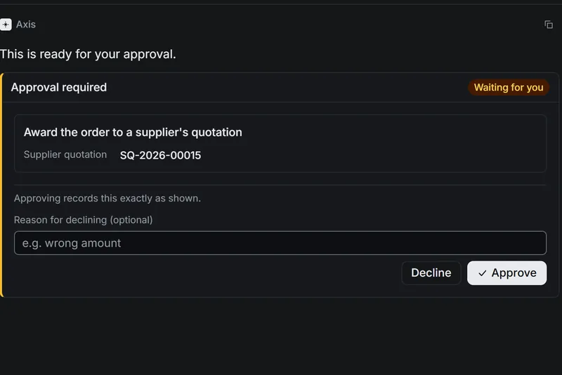 An approval card for the award to Halvorsen, marked Awaiting your decision, with Approve and Decline buttons.