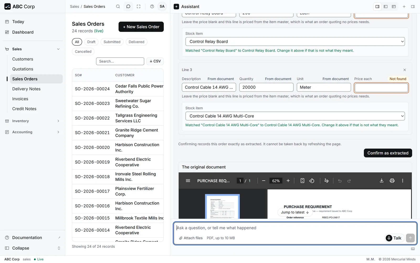 The review panel: the customer's PDF on the left, the values read from it on the right, line by line.
