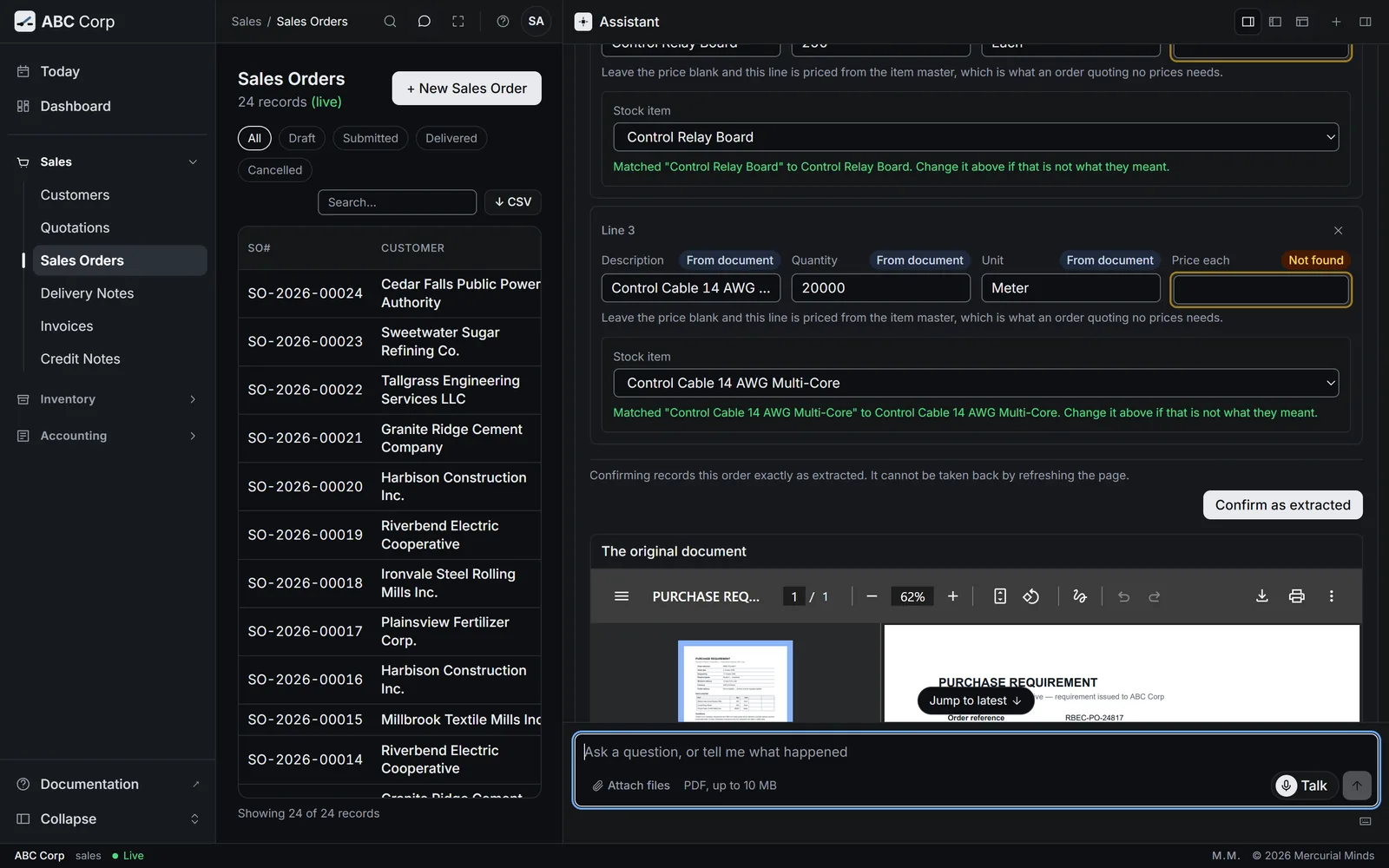 The review panel: the customer's PDF on the left, the values read from it on the right, line by line.