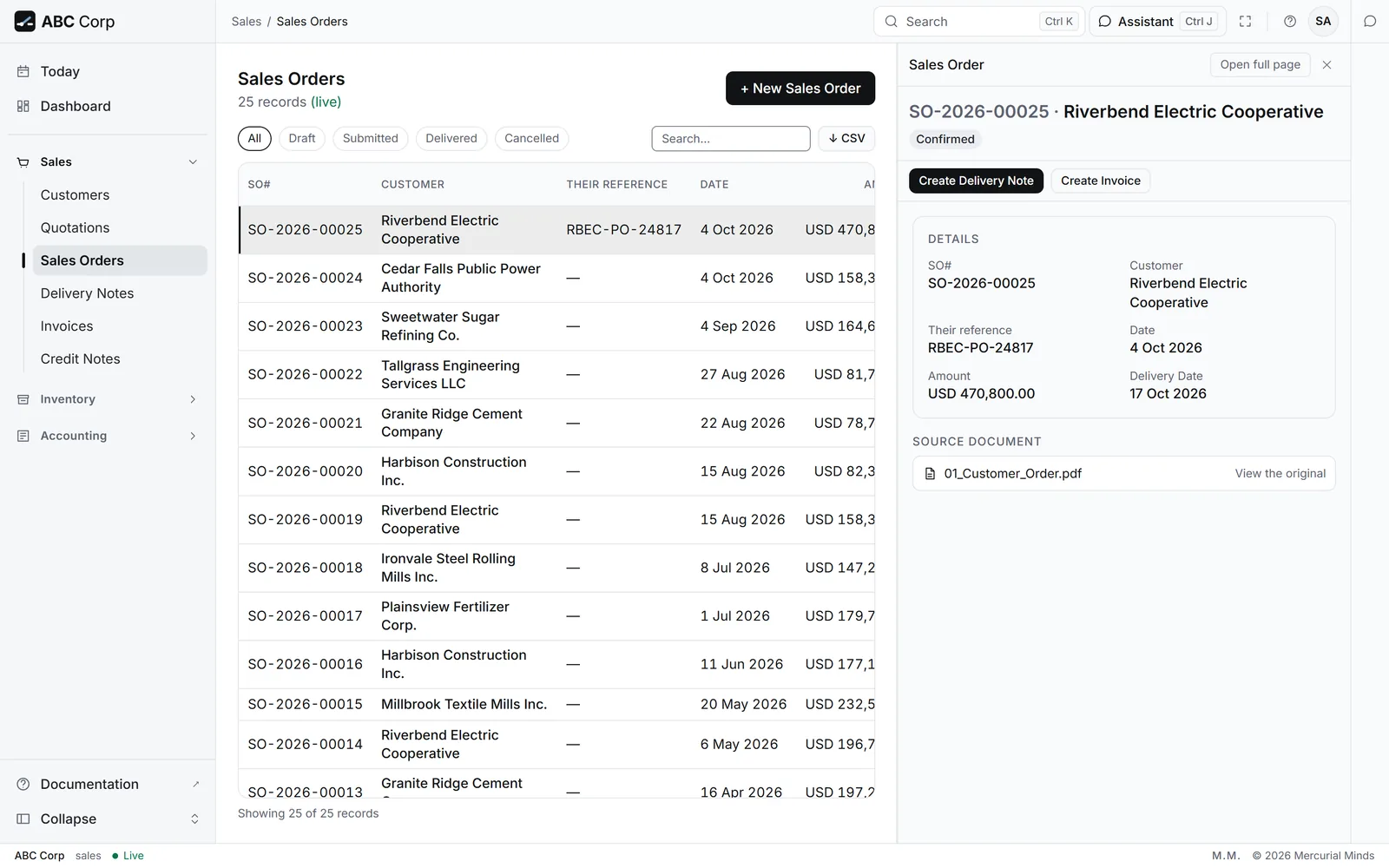 Sales order SO-2026-00025 for Riverbend Electric Cooperative, on the books.
