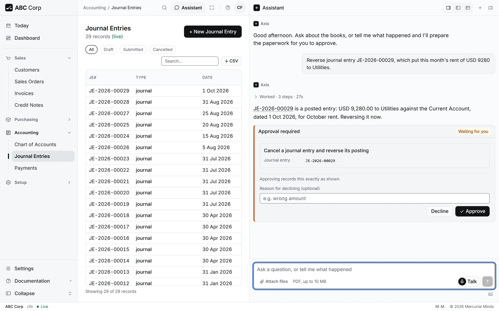 An approval card in the chat for reversing a rent entry posted to the wrong account.