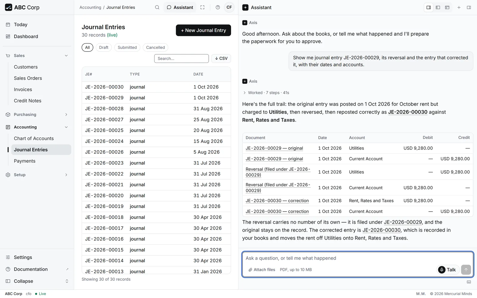The original rent entry and its reversal, side by side in the general ledger.