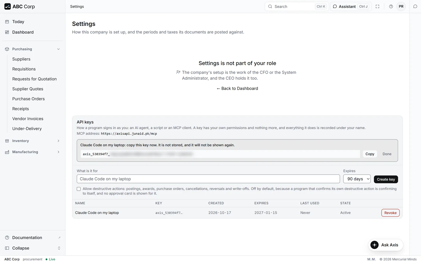 Settings, API keys: a new key shown once with its Copy button, named for the tool it serves, expiring in 90 days.