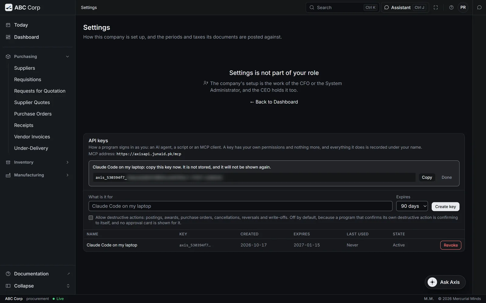 Settings, API keys: a new key shown once with its Copy button, named for the tool it serves, expiring in 90 days.