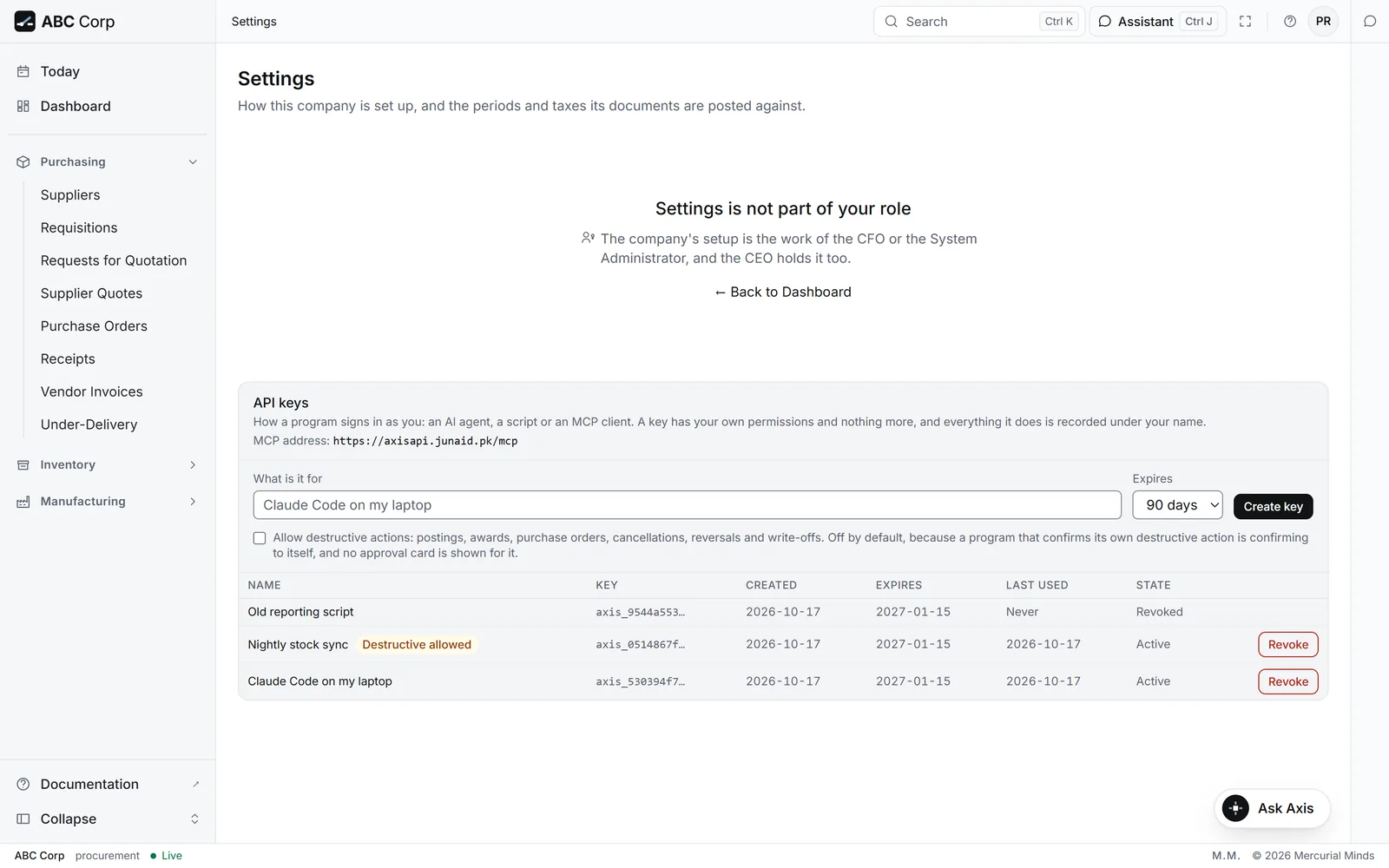 The API keys list: each key with its name, expiry, last use and state, one marked as allowing destructive actions.