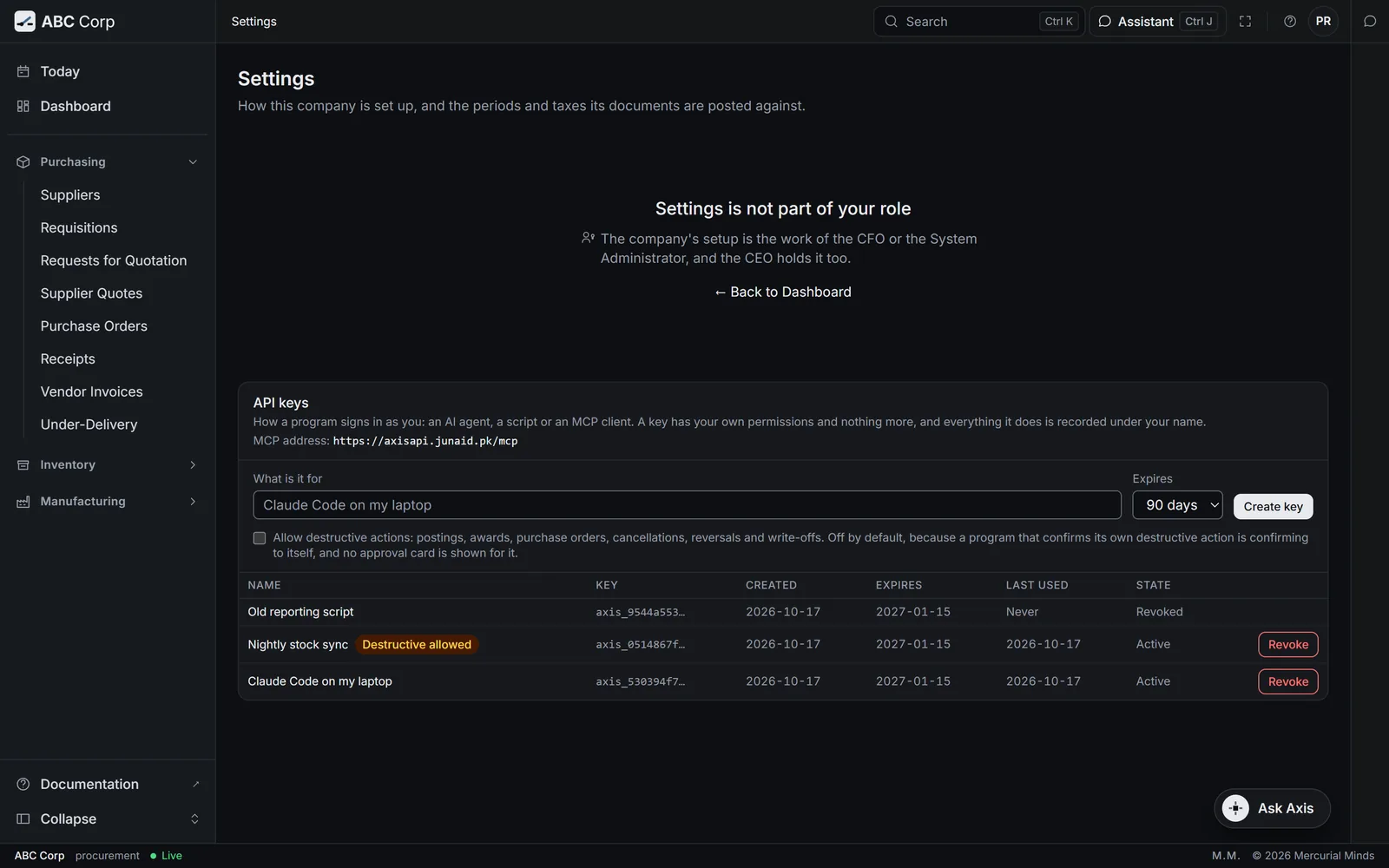 The API keys list: each key with its name, expiry, last use and state, one marked as allowing destructive actions.