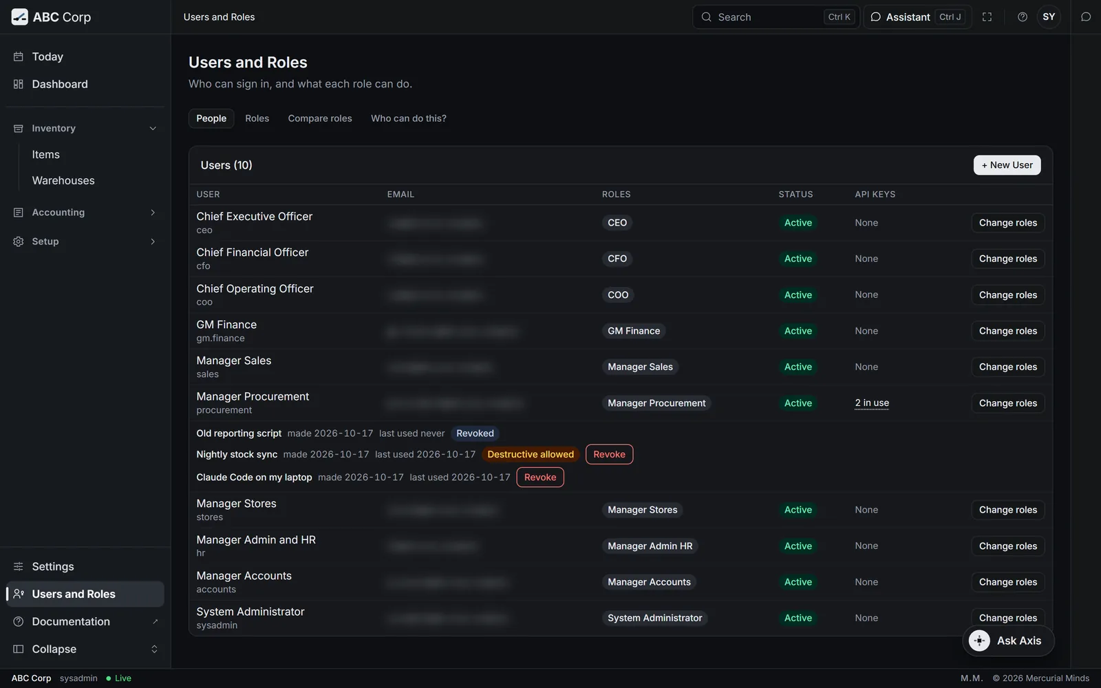 Users and Roles: one person's API keys, each with its last use and a Revoke button for the administrator.