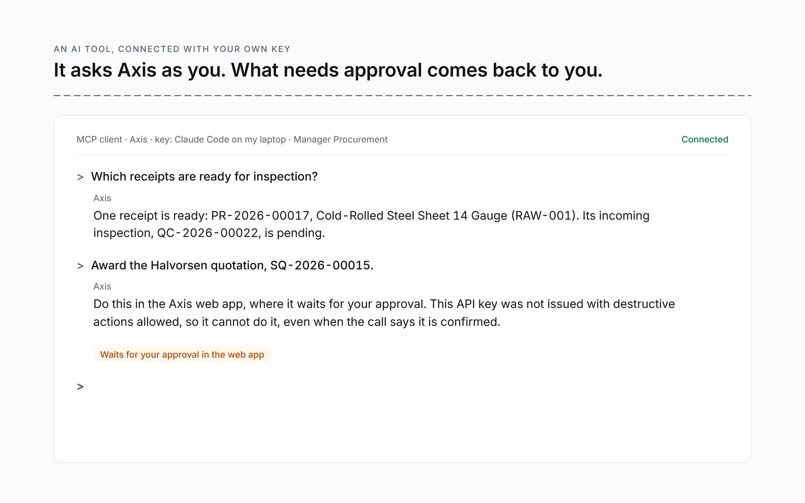 An AI tool connected with a personal key: an answer from Axis, then an award sent to the web app for approval.