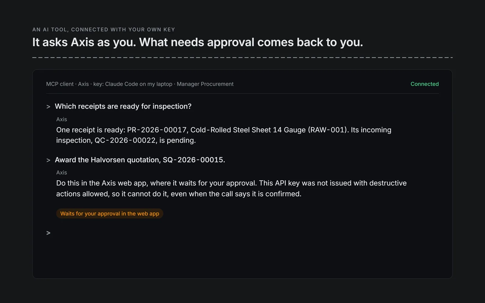An AI tool connected with a personal key: an answer from Axis, then an award sent to the web app for approval.